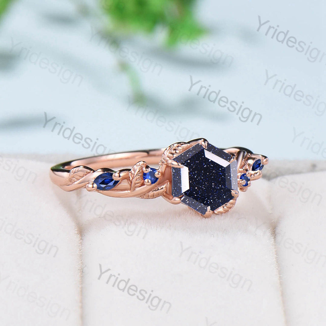 Nature Inspired  Blue Sandstone Engagement Ring Vine Twig Sapphire Wedding Band Branch Promise Ring Unique Handmade Proposal Gifts for Women - PENFINE