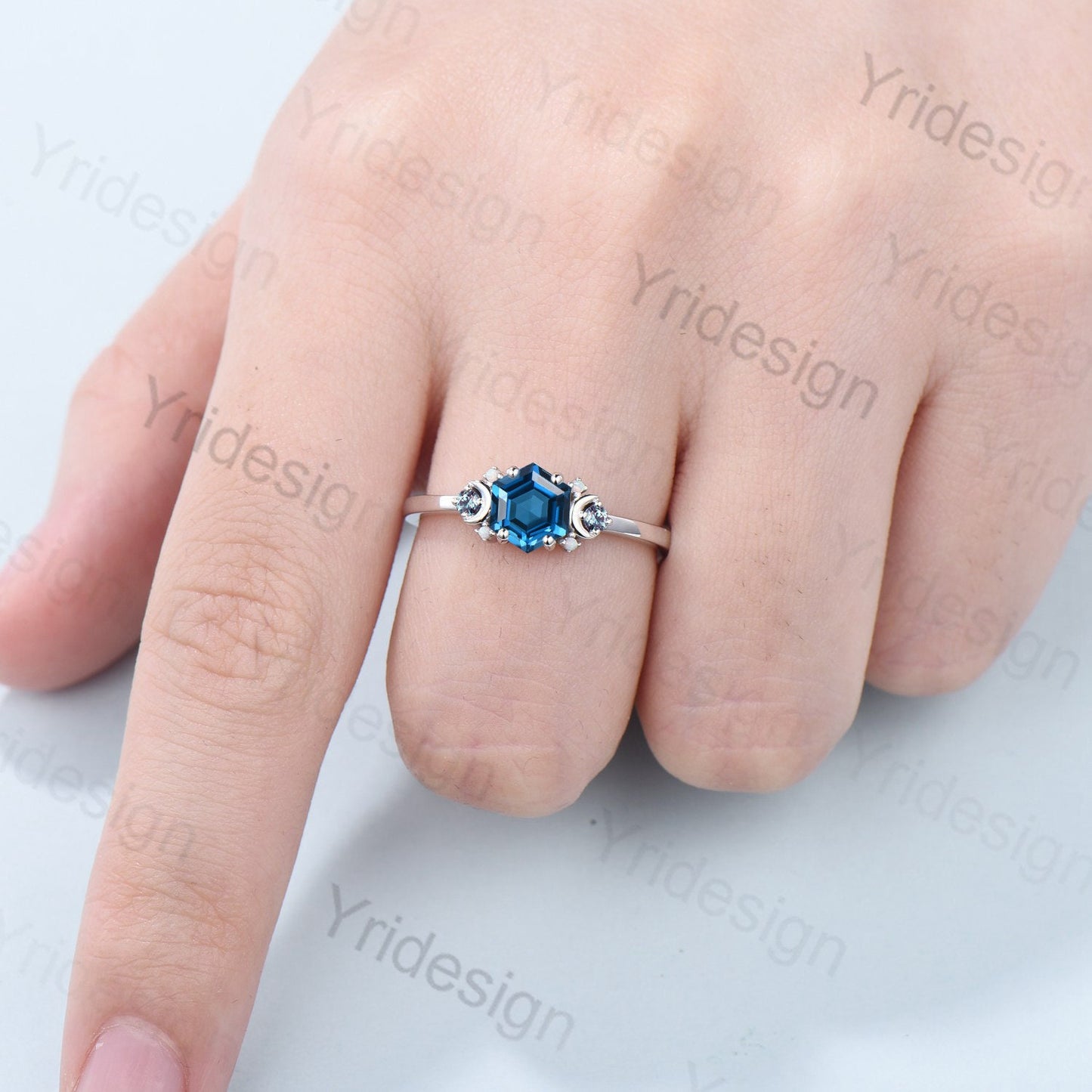 Vintage Moon London Blue Topaz Ring Unique Nature Inspired  Hexagon topaz Engagement Ring Cluster Alexandrite Opal Wedding Ring gift for her - PENFINE