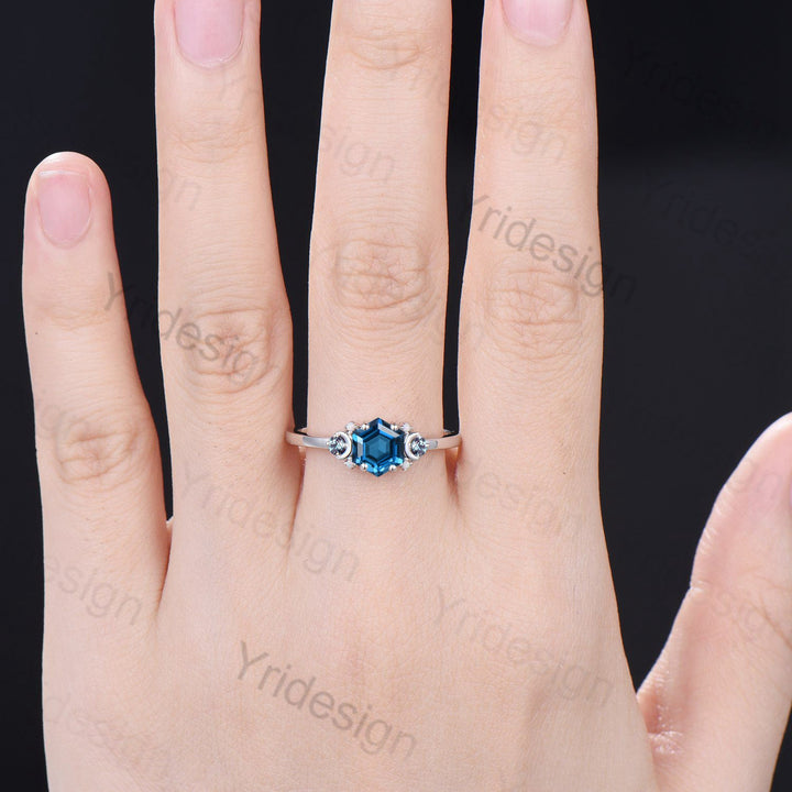 Vintage Moon London Blue Topaz Ring Unique Nature Inspired  Hexagon topaz Engagement Ring Cluster Alexandrite Opal Wedding Ring gift for her - PENFINE