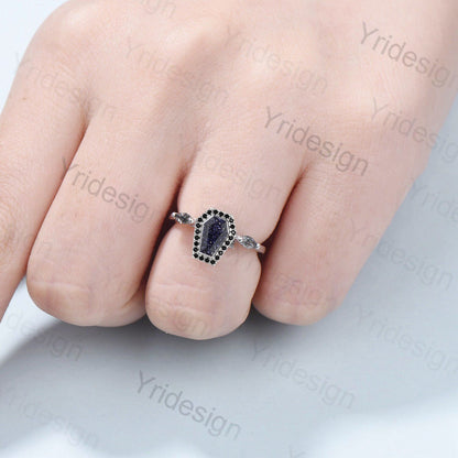 Unique Coffin Cut Blue Sandstone Engagement Ring Art Deco Marquise Black Quartz Wedding Ring Halo Diamond Wedding/Birthday Gift for Women - PENFINE