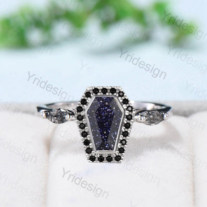 Unique Coffin Cut Blue Sandstone Engagement Ring Art Deco Marquise Black Quartz Wedding Ring Halo Diamond Wedding/Birthday Gift for Women - PENFINE
