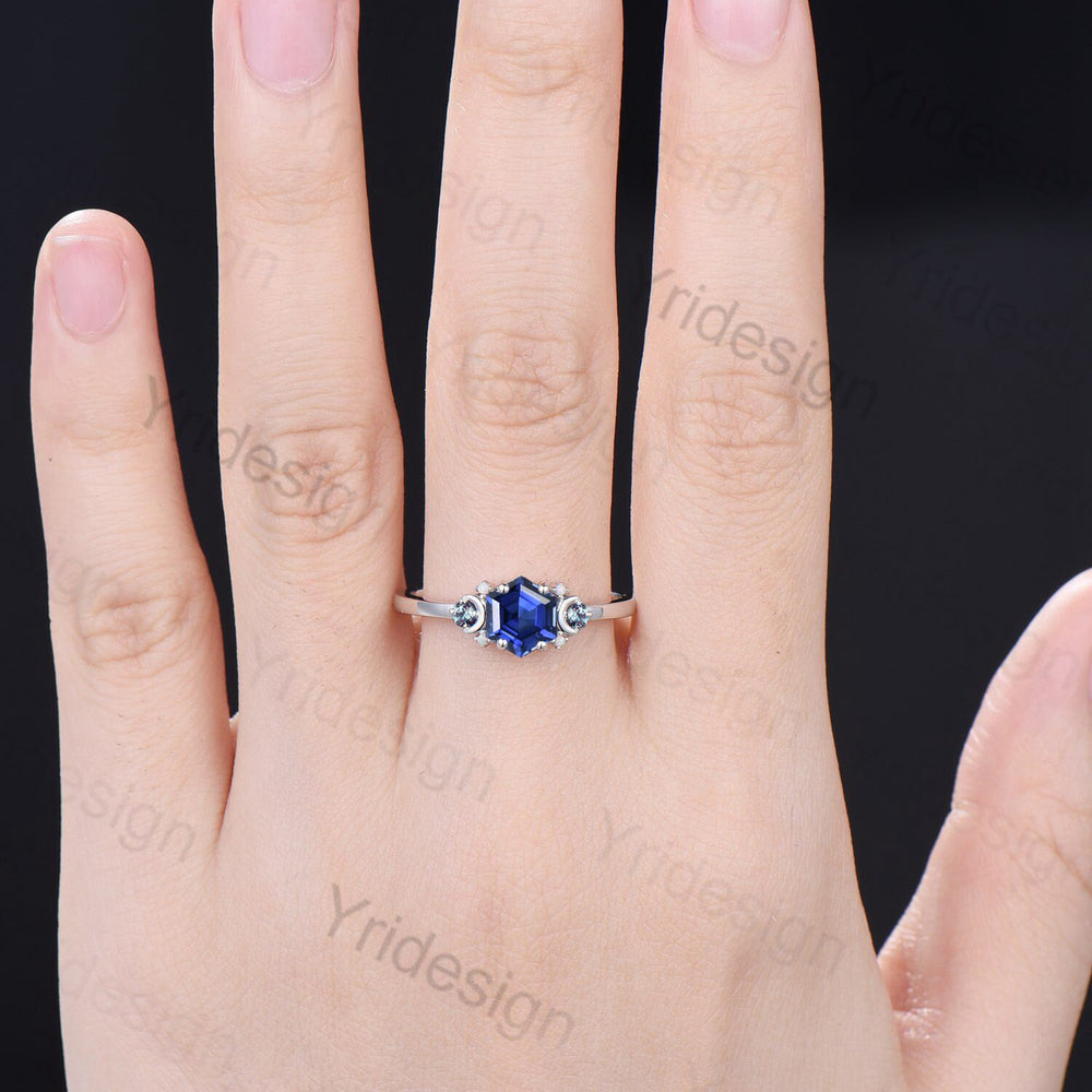 Vintage Moon Blue Sapphire Ring Unique Nature Inspired  Hexagon Lab Sapphire Engagement Ring Cluster Alexandrite Opal Wedding Ring for her - PENFINE