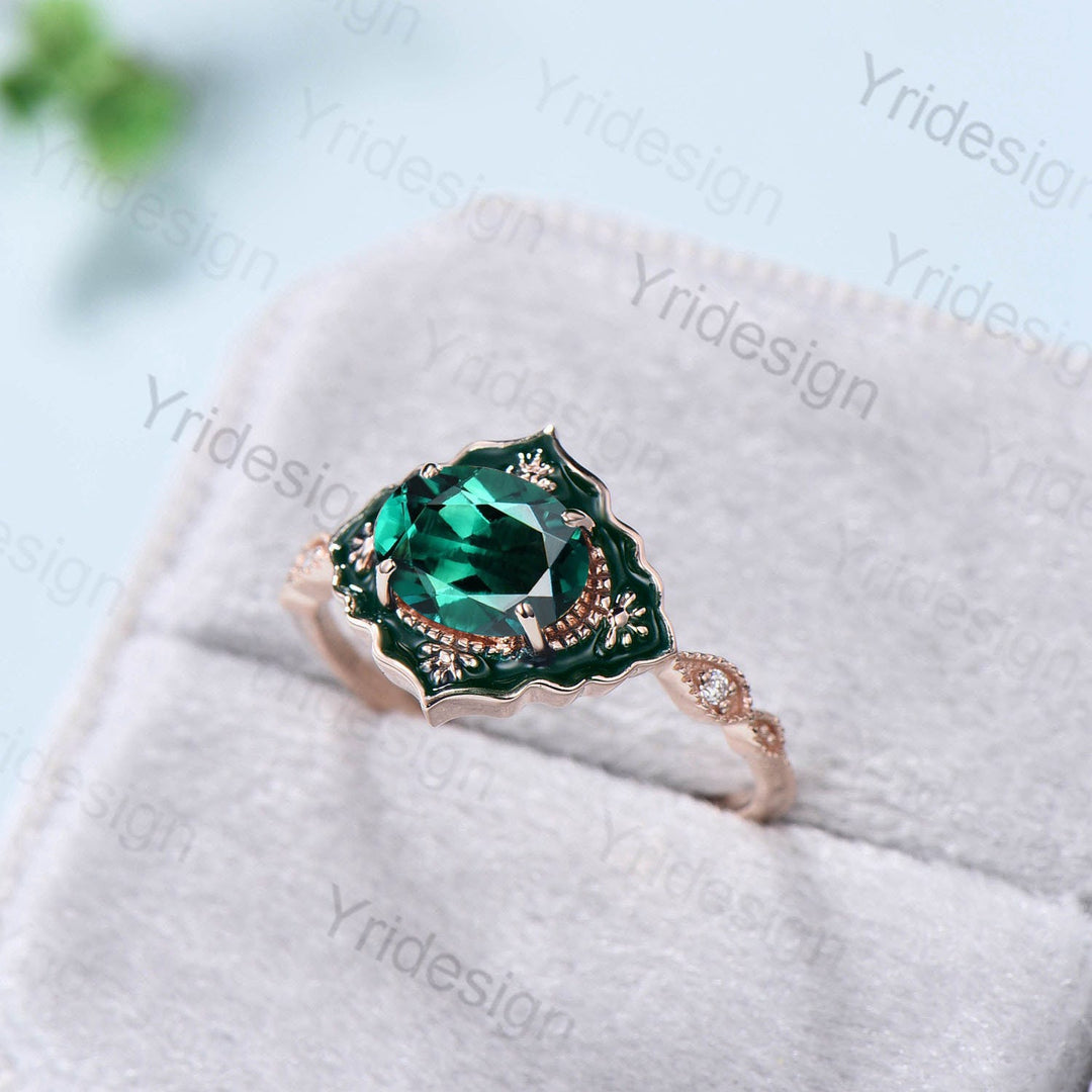 Vintage Emerald Engagement Ring Unique Enamel Green Crystal Wedding Ring Women Solid Yellow Gold Art Deco Antique Anniversary Gift For Her - PENFINE