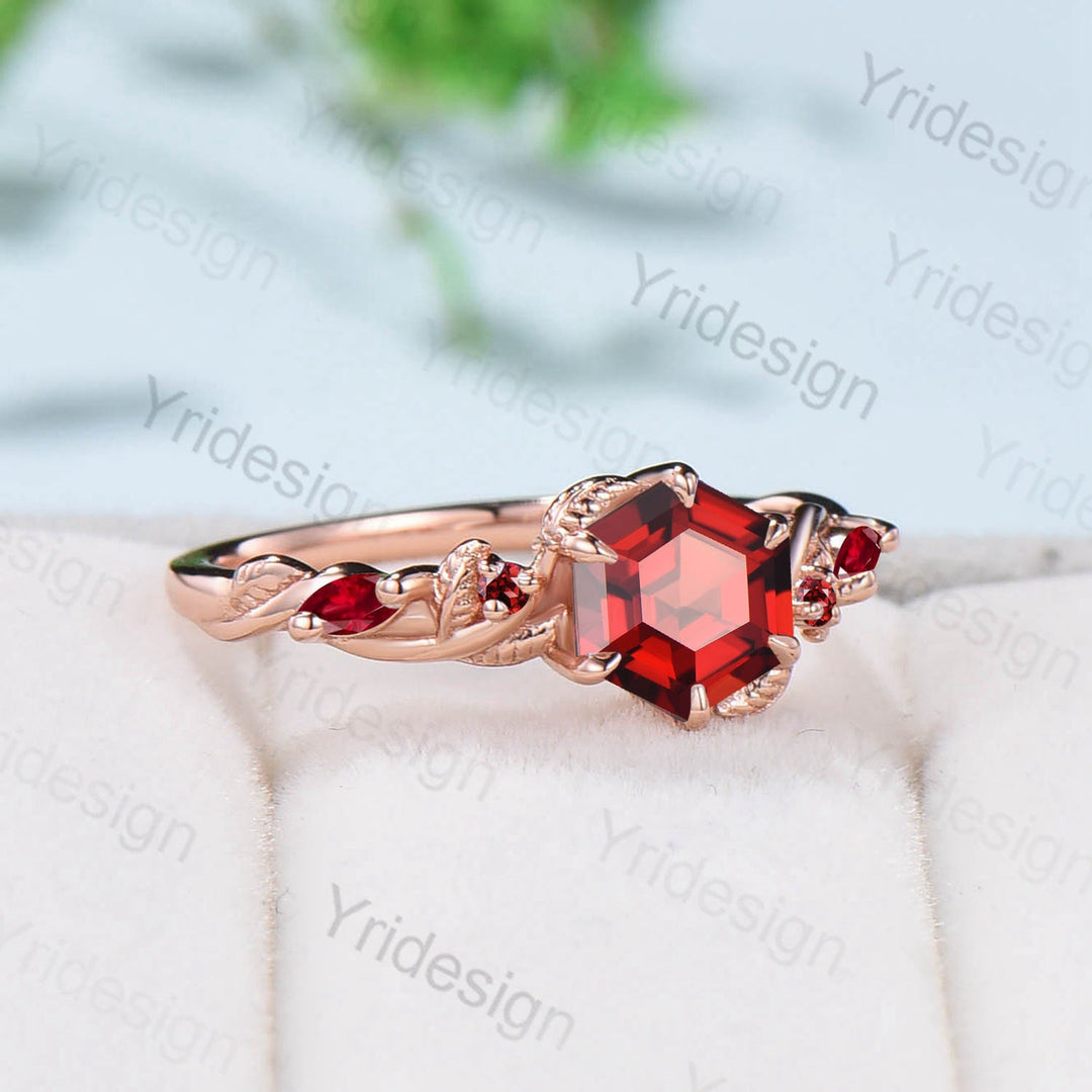 Vintage Leaf Garnet Ring For Women Unique January birthstone Engagement Ring Retro Natural inspired hexagon silver garnet promise ring - PENFINE