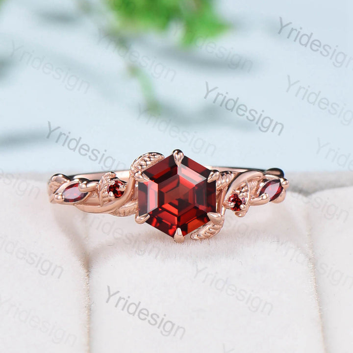 Vintage Leaf Garnet Ring For Women Unique January birthstone Engagement Ring Retro Natural inspired hexagon silver garnet promise ring - PENFINE