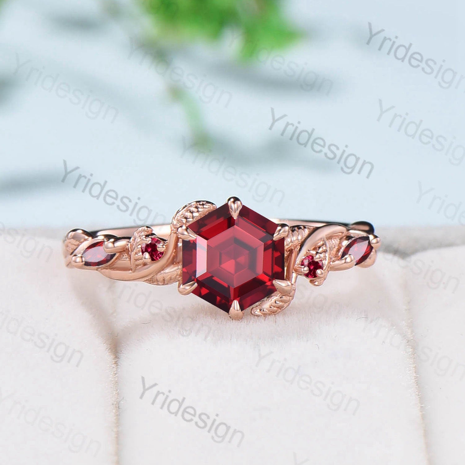 Vintage Red Ruby Ring Hexagon Cut Retro leaf Engagement Ring 5 Stone Unique Women Bridal Ring Rose gold nature inspired anniversary ring - PENFINE