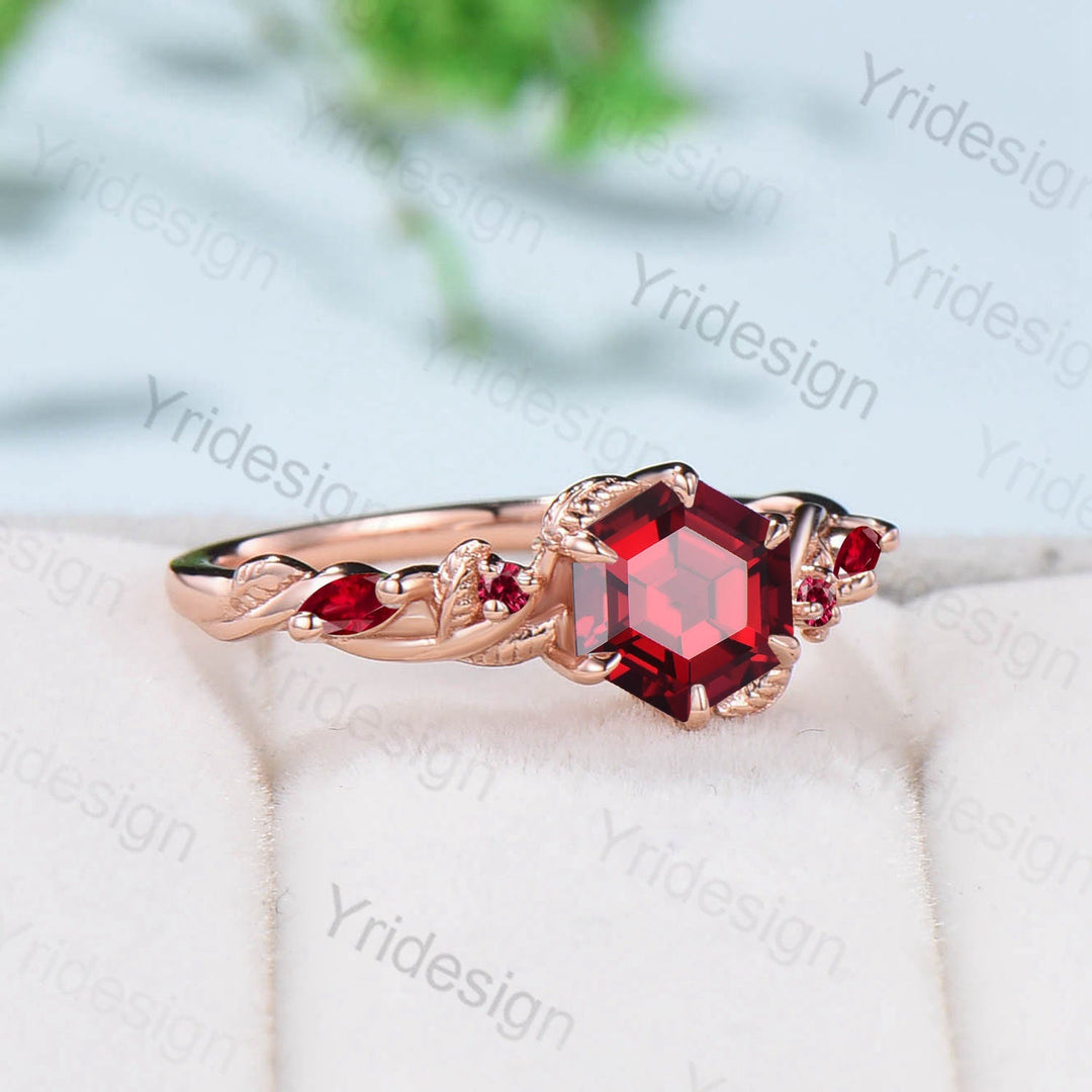 Vintage Red Ruby Ring Hexagon Cut Retro leaf Engagement Ring 5 Stone Unique Women Bridal Ring Rose gold nature inspired anniversary ring - PENFINE