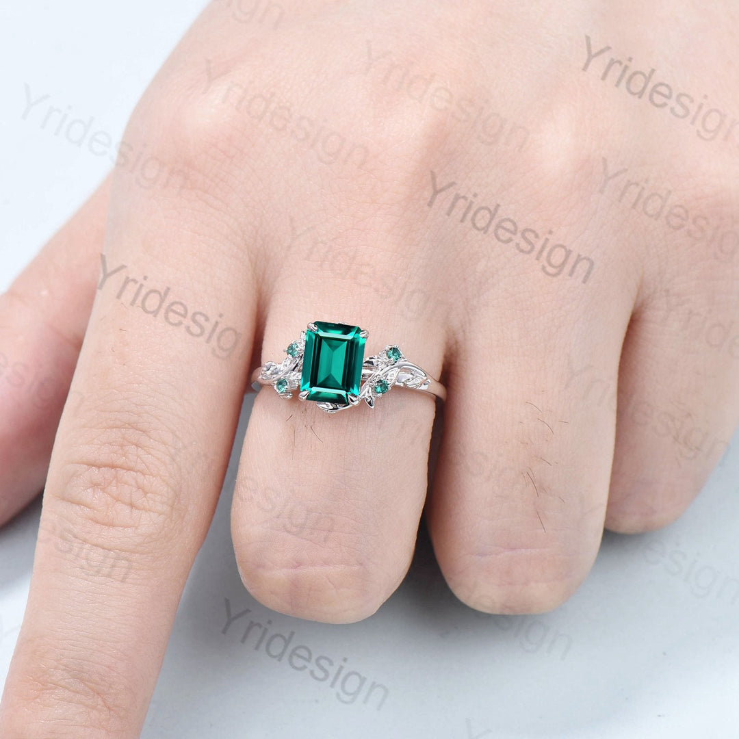 Elegant Emerald Ring Vintage Unique Twig Emerald Cut Engagement Ring Leaf Cluster Women Green Gemstone Natural inspired Wedding Ring Gift - PENFINE