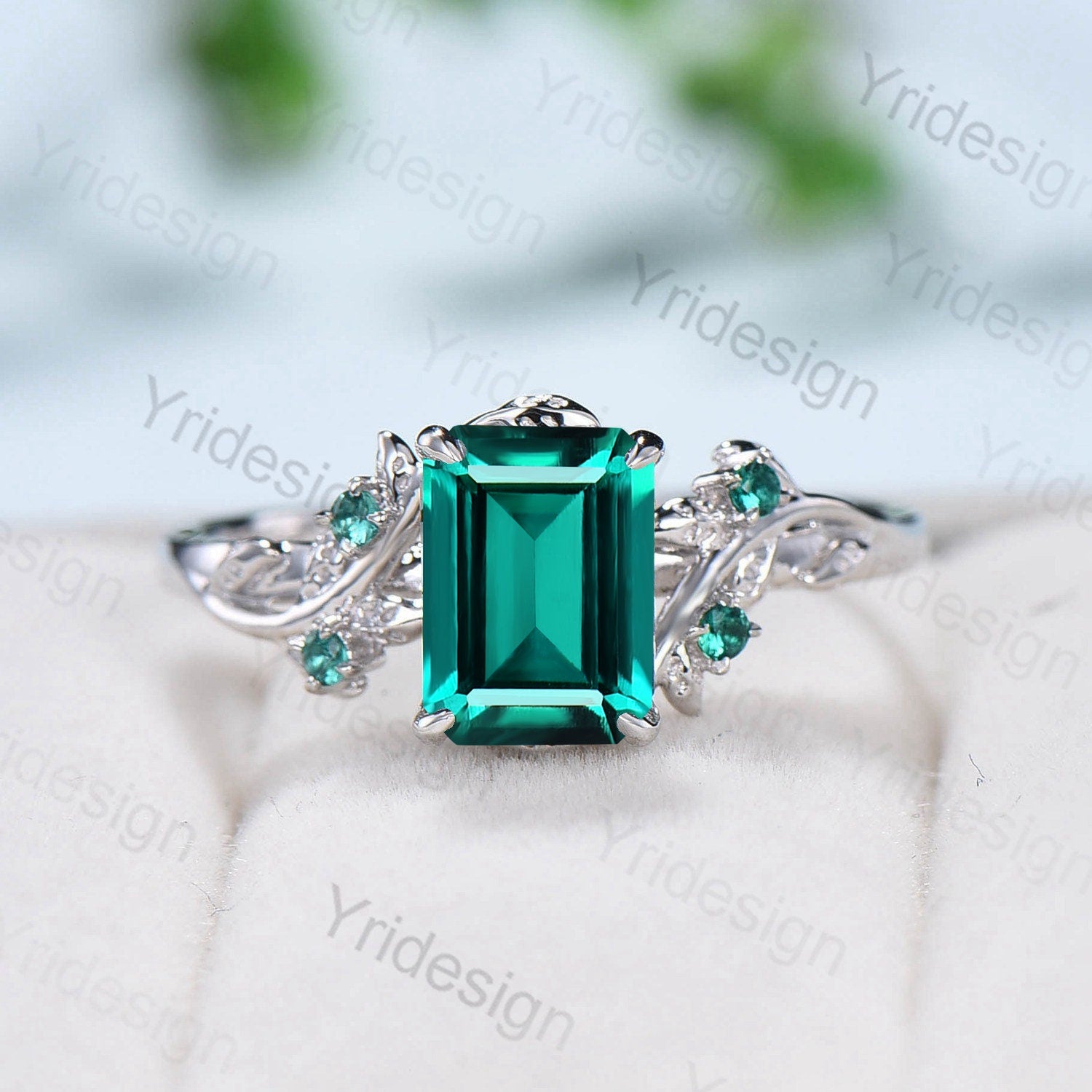 Elegant Emerald Ring Vintage Unique Twig Emerald Cut Engagement Ring Leaf Cluster Women Green Gemstone Natural inspired Wedding Ring Gift - PENFINE