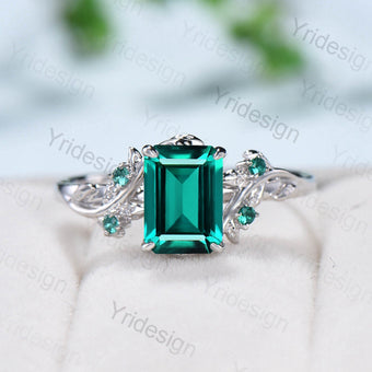 Elegant Emerald Ring Vintage Unique Twig Emerald Cut Engagement Ring Leaf Cluster Women Green Gemstone Natural inspired Wedding Ring Gift - PENFINE