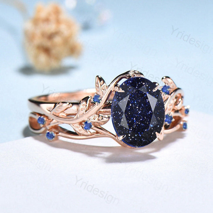 Nature Inspired Galaxy Blue Sandstone Engagement Ring Set Cluster Sapphire Wedding Ring Set Women Unique Leaves Branch Personalized Gift - PENFINE