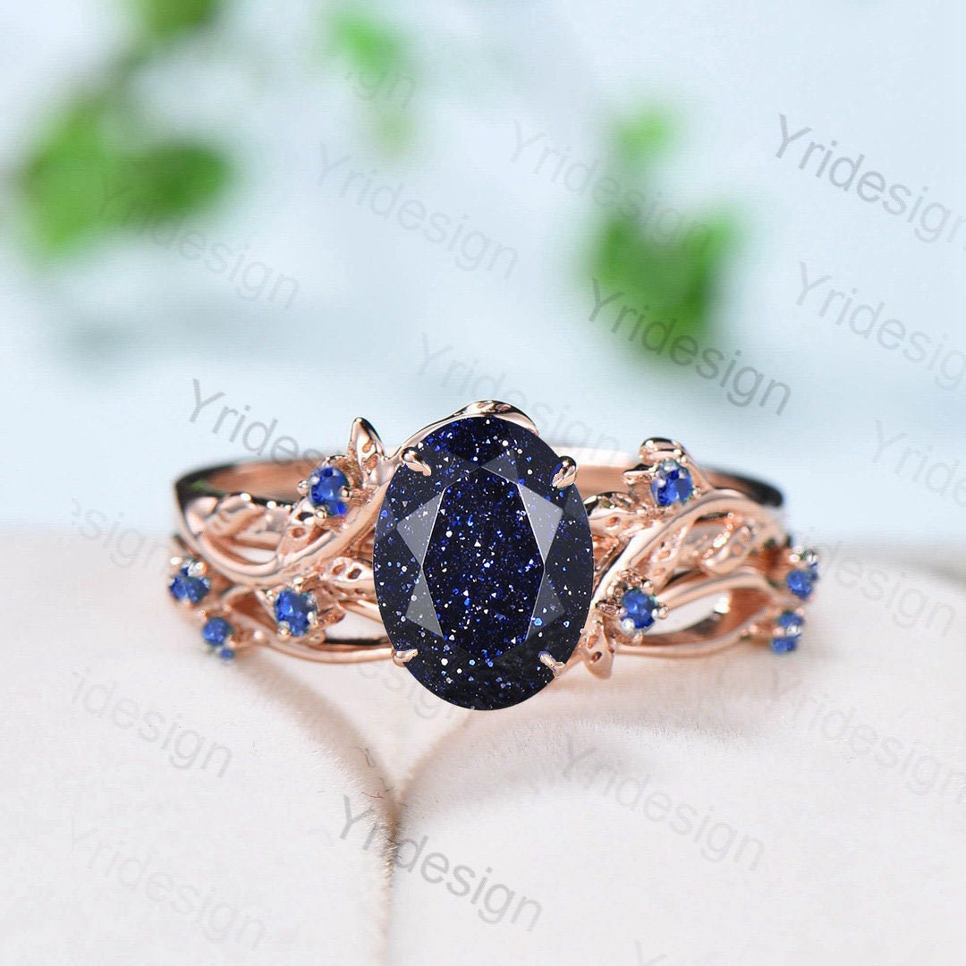 Nature Inspired Galaxy Blue Sandstone Engagement Ring Set Cluster Sapphire Wedding Ring Set Women Unique Leaves Branch Personalized Gift - PENFINE