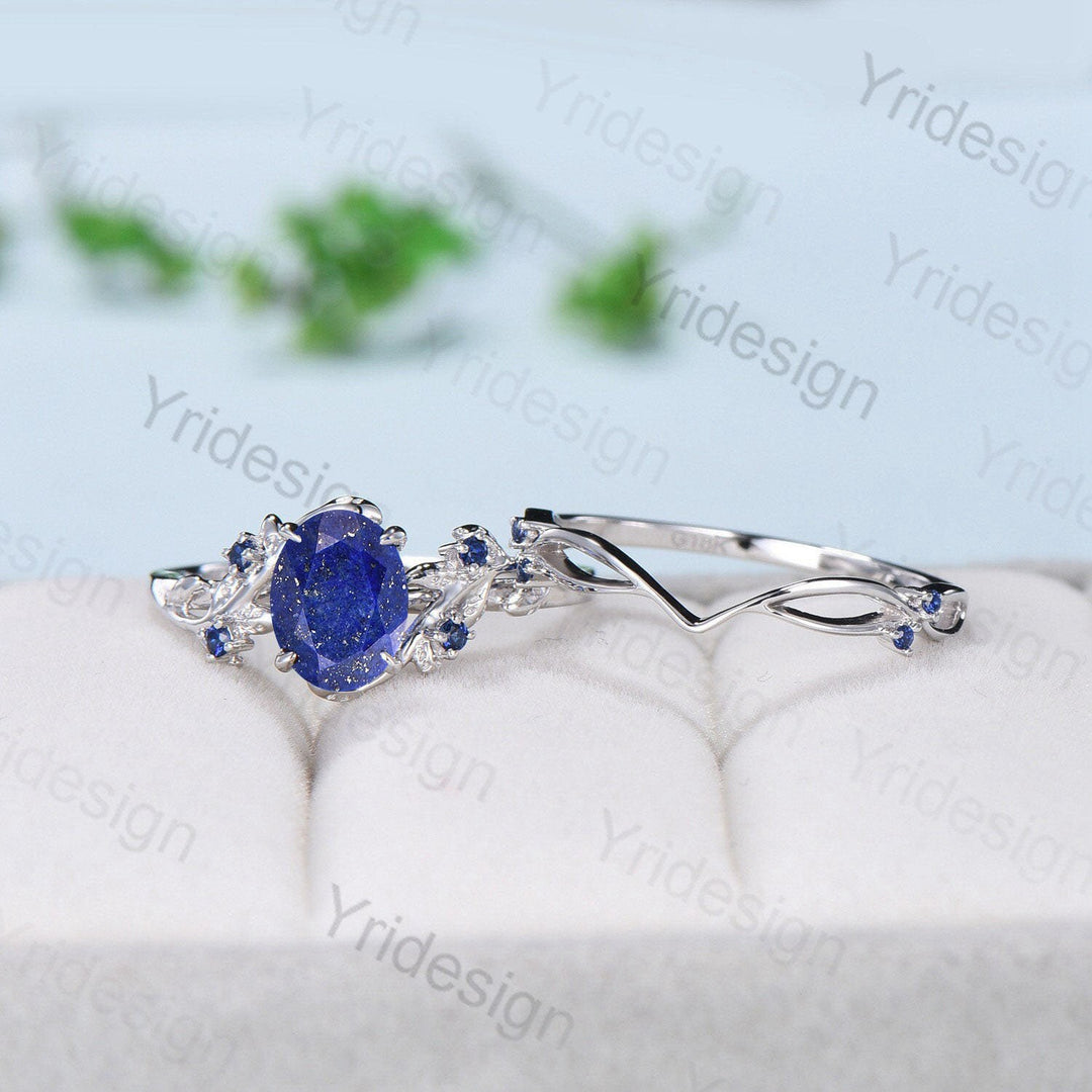 Nature Inspired Lapis Lazuli Wedding Ring Set Elegant Twig Engagement Ring Cluster Sapphire Branch Promise Ring Blue Stone Anniversary Ring - PENFINE