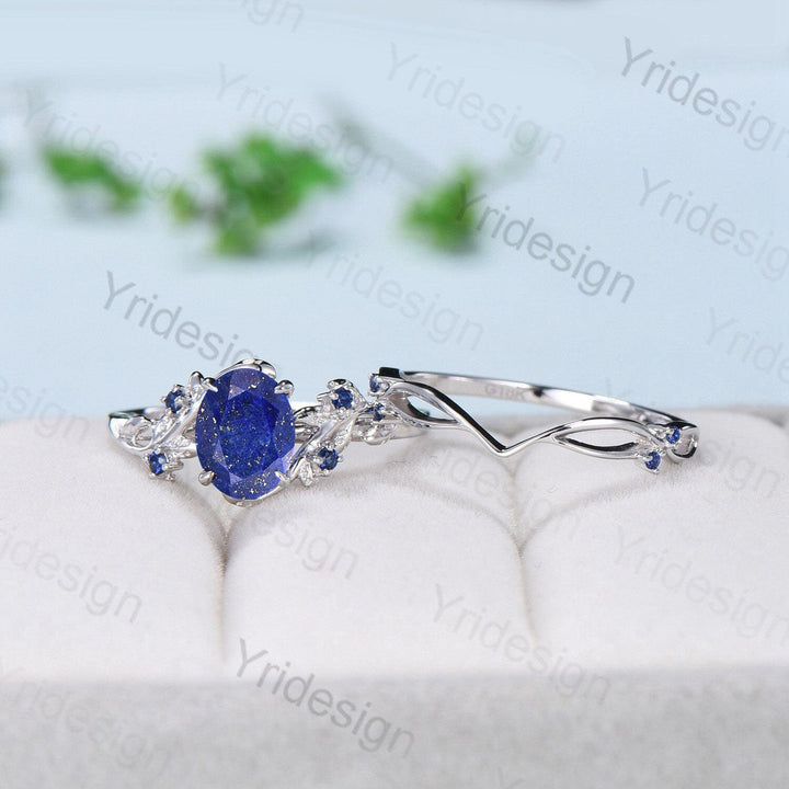 Nature Inspired Lapis Lazuli Wedding Ring Set Elegant Twig Engagement Ring Cluster Sapphire Branch Promise Ring Blue Stone Anniversary Ring - PENFINE