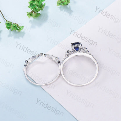 Nature Inspired Lapis Lazuli Wedding Ring Set Elegant Twig Engagement Ring Cluster Sapphire Branch Promise Ring Blue Stone Anniversary Ring - PENFINE