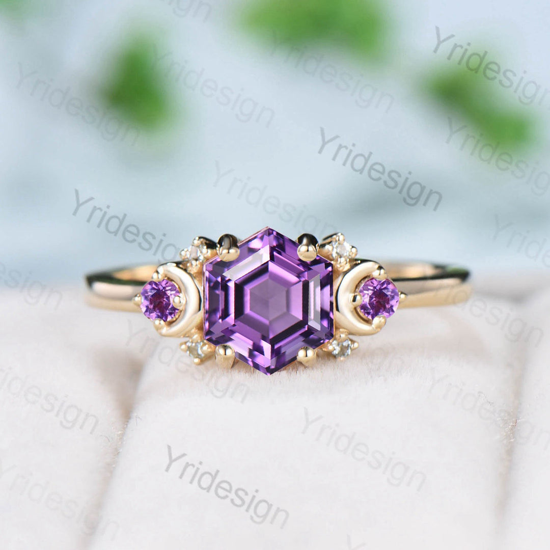 Vintage Amethyst Ring Unique Hexagon Amethyst Moon Engagement Ring women Art Deco February birthstone ring gift Purple Crystal Promise Ring - PENFINE