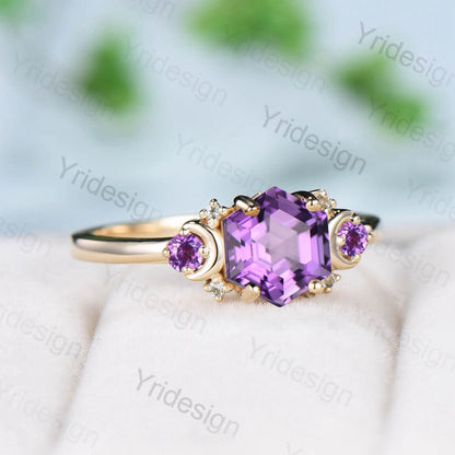 Vintage Amethyst Ring Unique Hexagon Amethyst Moon Engagement Ring women Art Deco February birthstone ring gift Purple Crystal Promise Ring - PENFINE