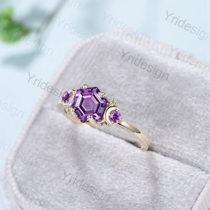 Vintage Amethyst Ring Unique Hexagon Amethyst Moon Engagement Ring women Art Deco February birthstone ring gift Purple Crystal Promise Ring - PENFINE