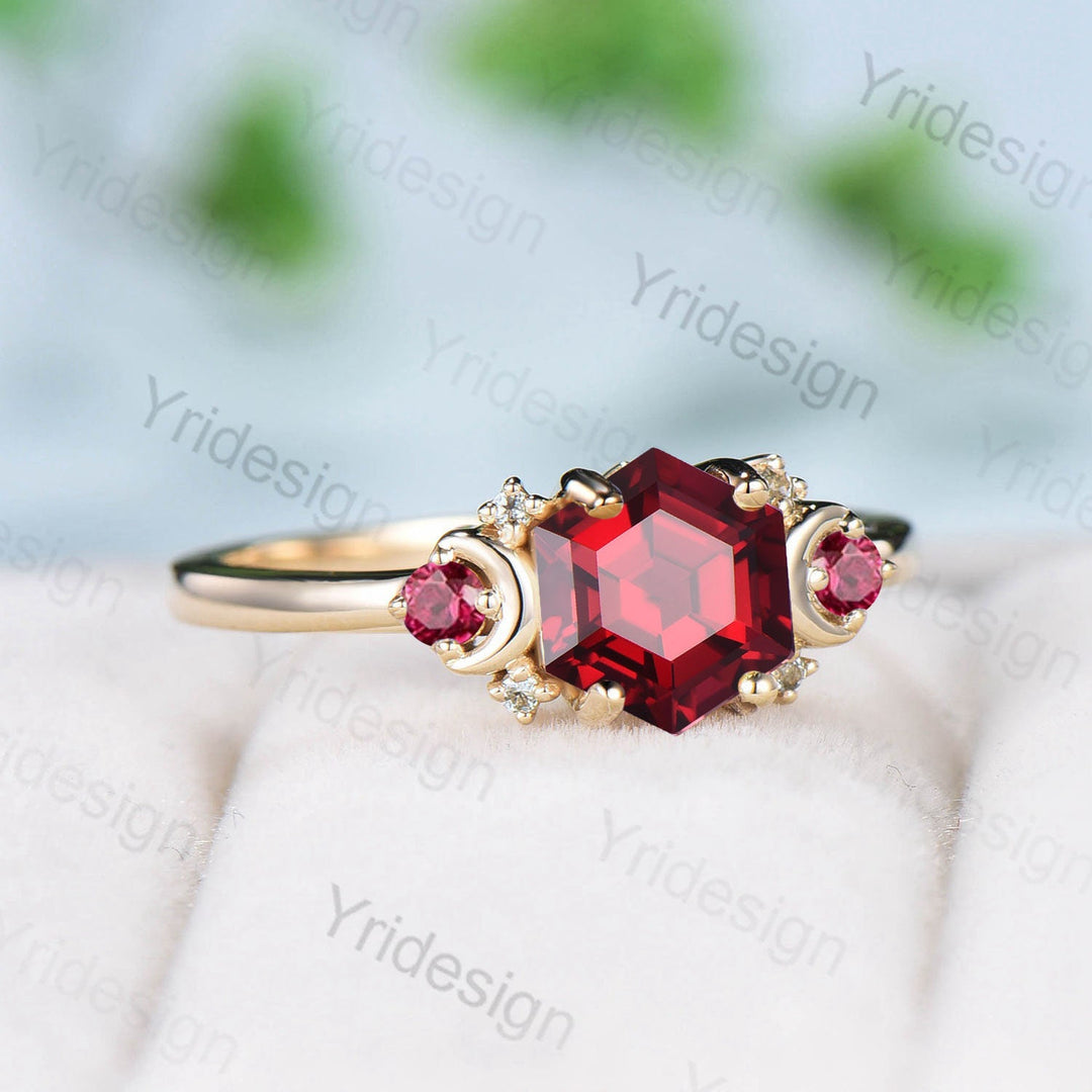 Vintage Garnet Ring Unique Hexagon Garnet Moon Engagement Ring women Art Deco January birthstone ring gift Antique Red Crystal Promise Ring - PENFINE