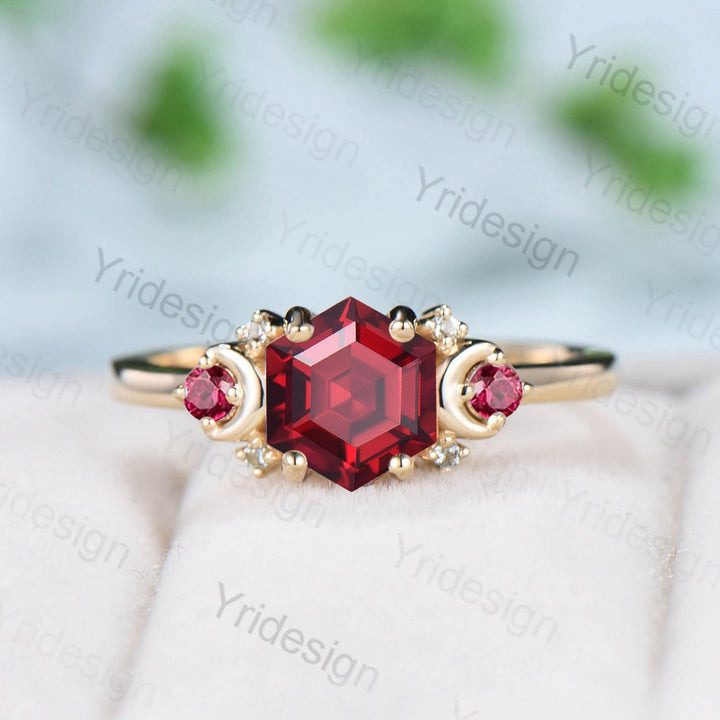 Vintage Garnet Ring Unique Hexagon Garnet Moon Engagement Ring women Art Deco January birthstone ring gift Antique Red Crystal Promise Ring - PENFINE