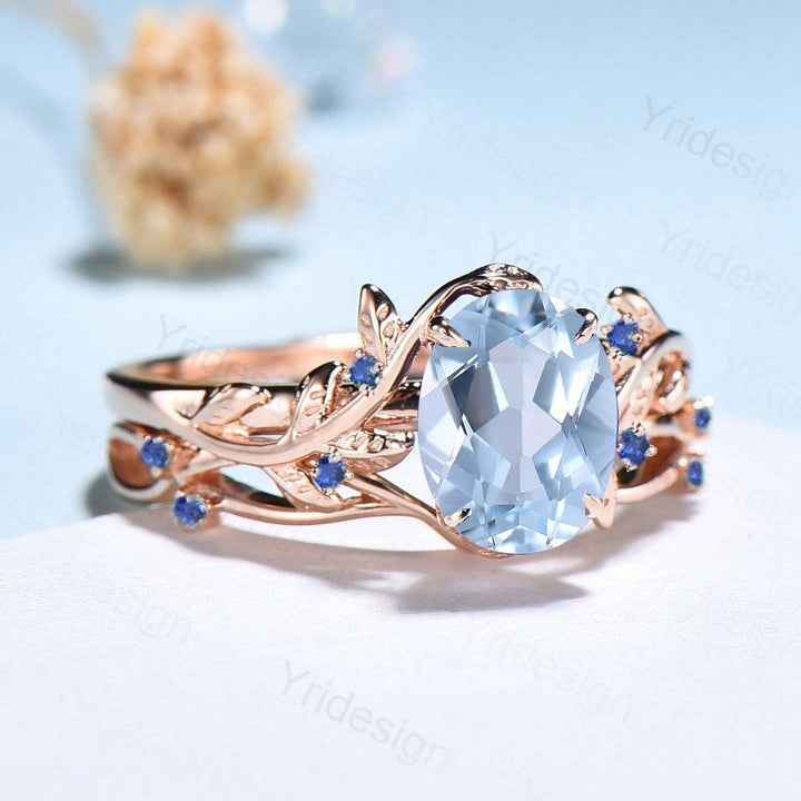 Vintage aquamarine engagement ring set Nature inspired wedding set Leaf twig rose gold bridal set for women Cluster Sapphire Branch ring - PENFINE