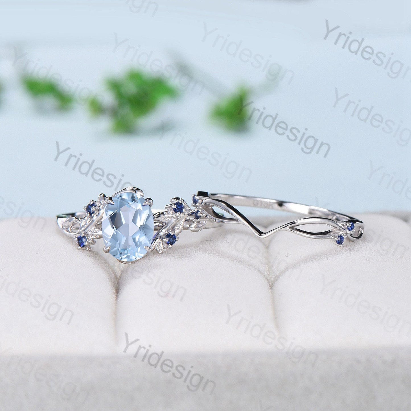 Vintage aquamarine engagement ring set Nature inspired wedding set Leaf twig rose gold bridal set for women Cluster Sapphire Branch ring - PENFINE