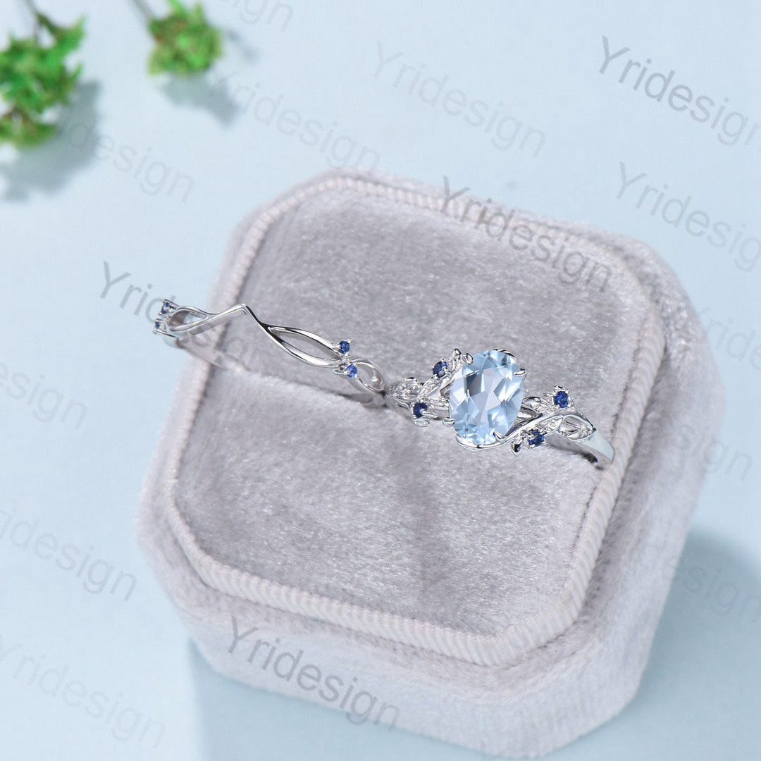 Vintage aquamarine engagement ring set Nature inspired wedding set Leaf twig rose gold bridal set for women Cluster Sapphire Branch ring - PENFINE