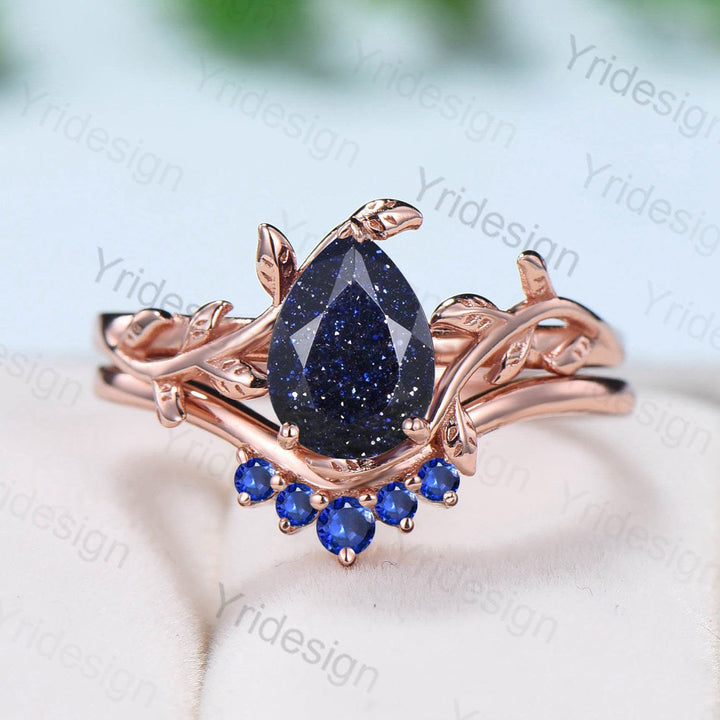 Nature Inspired Pear Shaped Blue Sandstone Engagement Rings Set  Leaf Wedding Ring Set Vintage Blue Goldstone Promise Ring Proposal Gifts - PENFINE