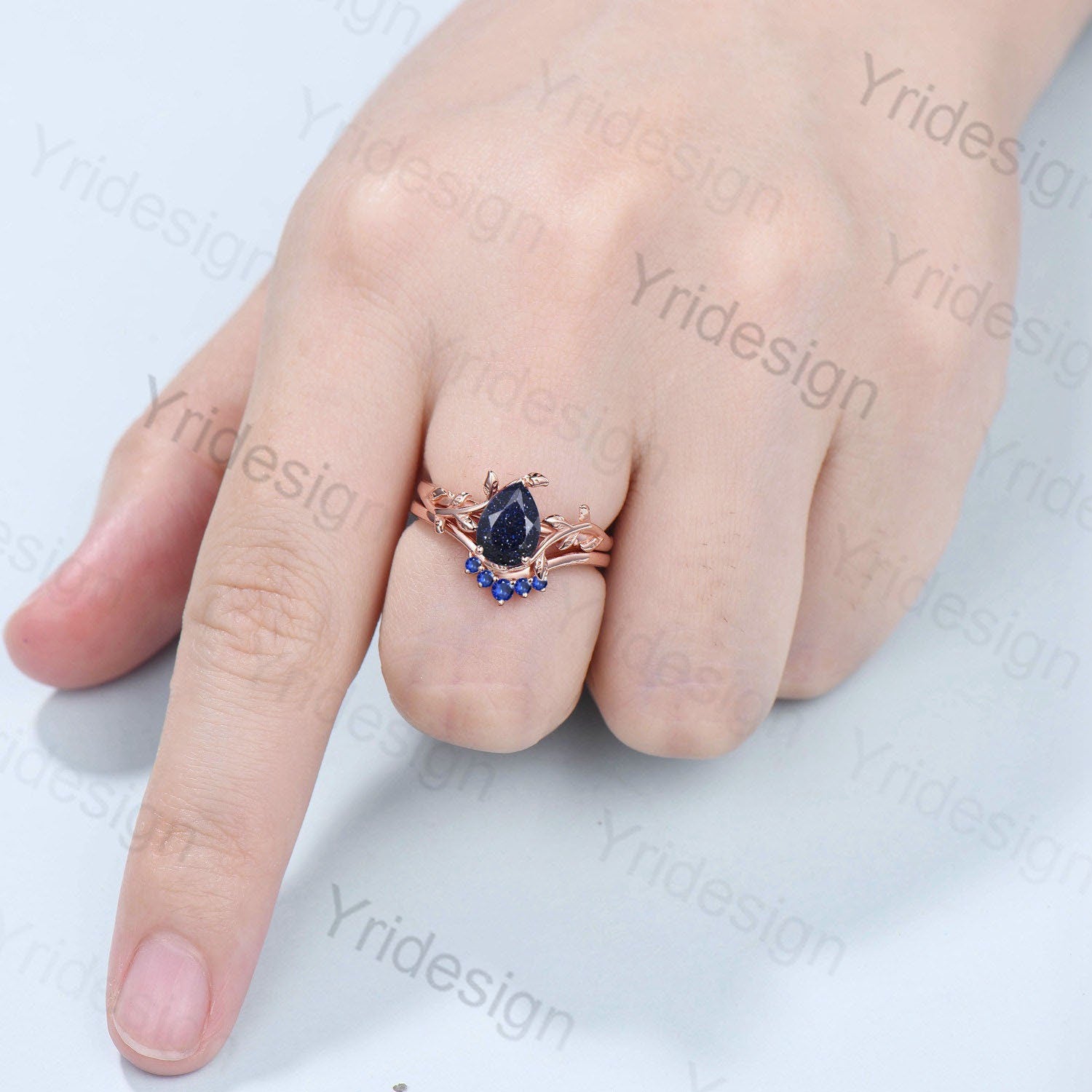 Nature Inspired Pear Shaped Blue Sandstone Engagement Rings Set  Leaf Wedding Ring Set Vintage Blue Goldstone Promise Ring Proposal Gifts - PENFINE