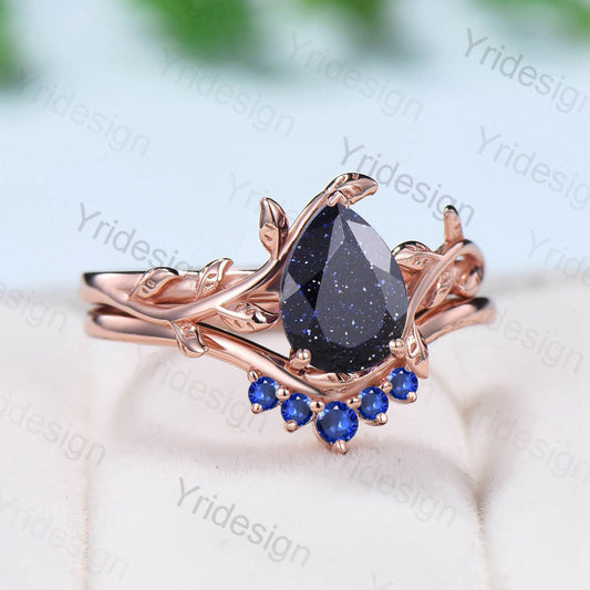 Nature Inspired Pear Shaped Blue Sandstone Engagement Rings Set Leaf Wedding Ring Set Vintage Blue Goldstone Promise Ring Proposal Gifts - PENFINE