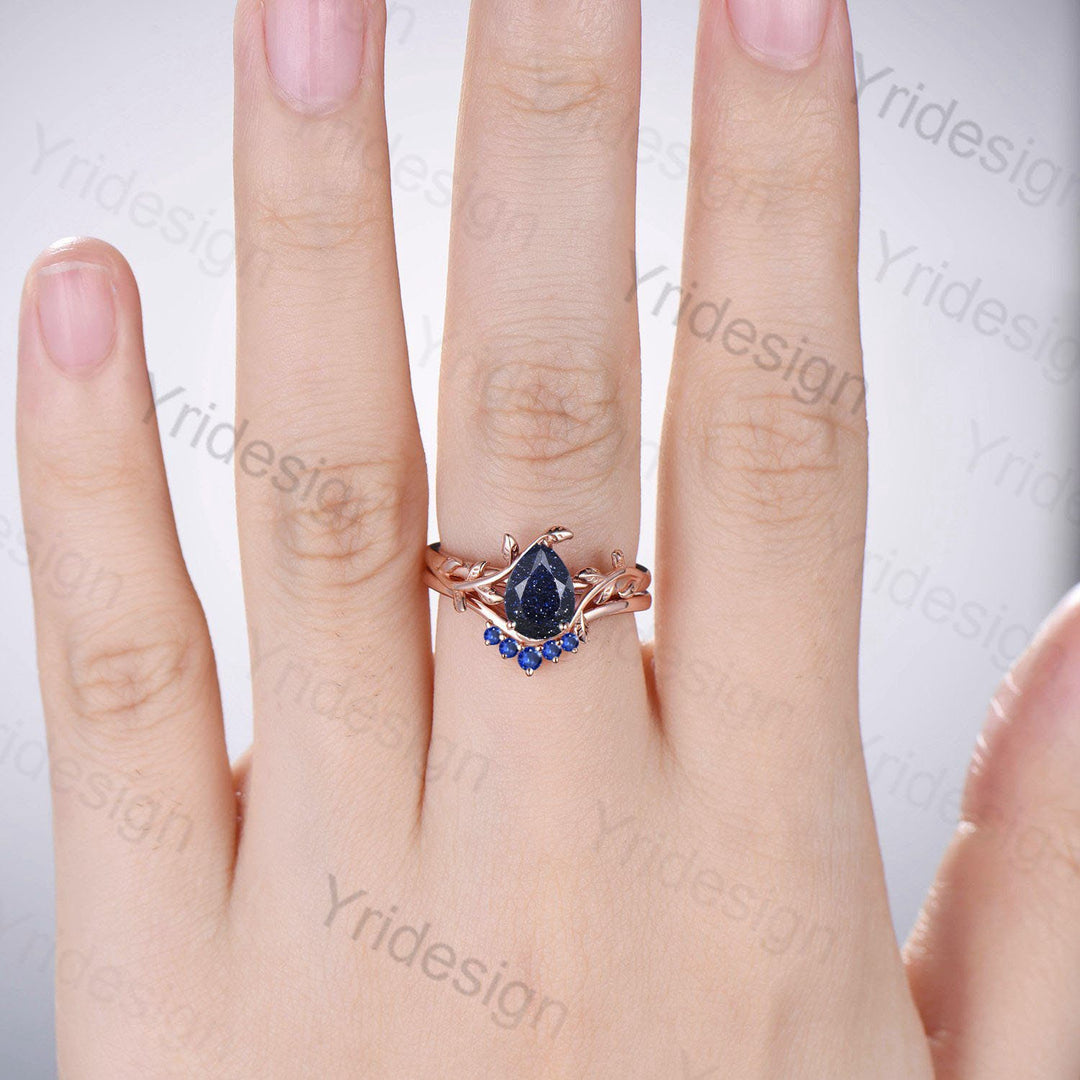 Nature Inspired Pear Shaped Blue Sandstone Engagement Rings Set  Leaf Wedding Ring Set Vintage Blue Goldstone Promise Ring Proposal Gifts - PENFINE