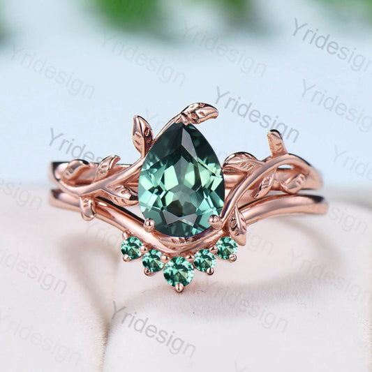 Nature Inspired  Sapphire Ring Elegant Teardrop Green Sapphire Solitaire Wedding Ring Set Vintage Unique Leaf Engagement Ring Women Leaves - PENFINE