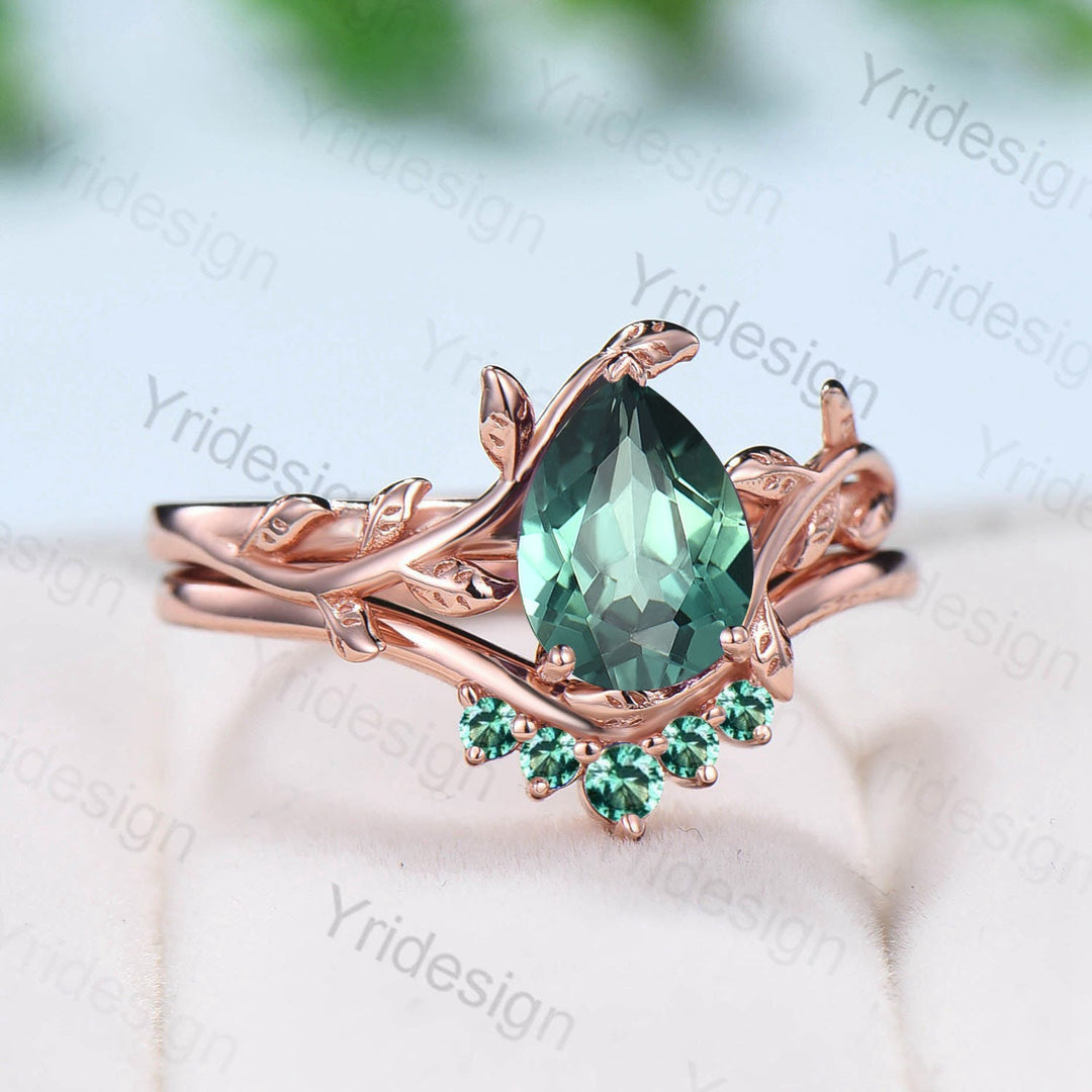 Nature Inspired  Sapphire Ring Elegant Teardrop Green Sapphire Solitaire Wedding Ring Set Vintage Unique Leaf Engagement Ring Women Leaves - PENFINE