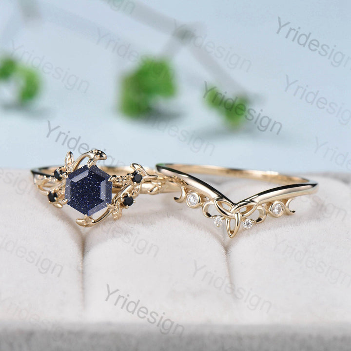 Elegant Hexagon cut blue sandstone wedding ring set Nature Inspired leaf galaxy engagement ring women black spinel crystal unique bridal set - PENFINE