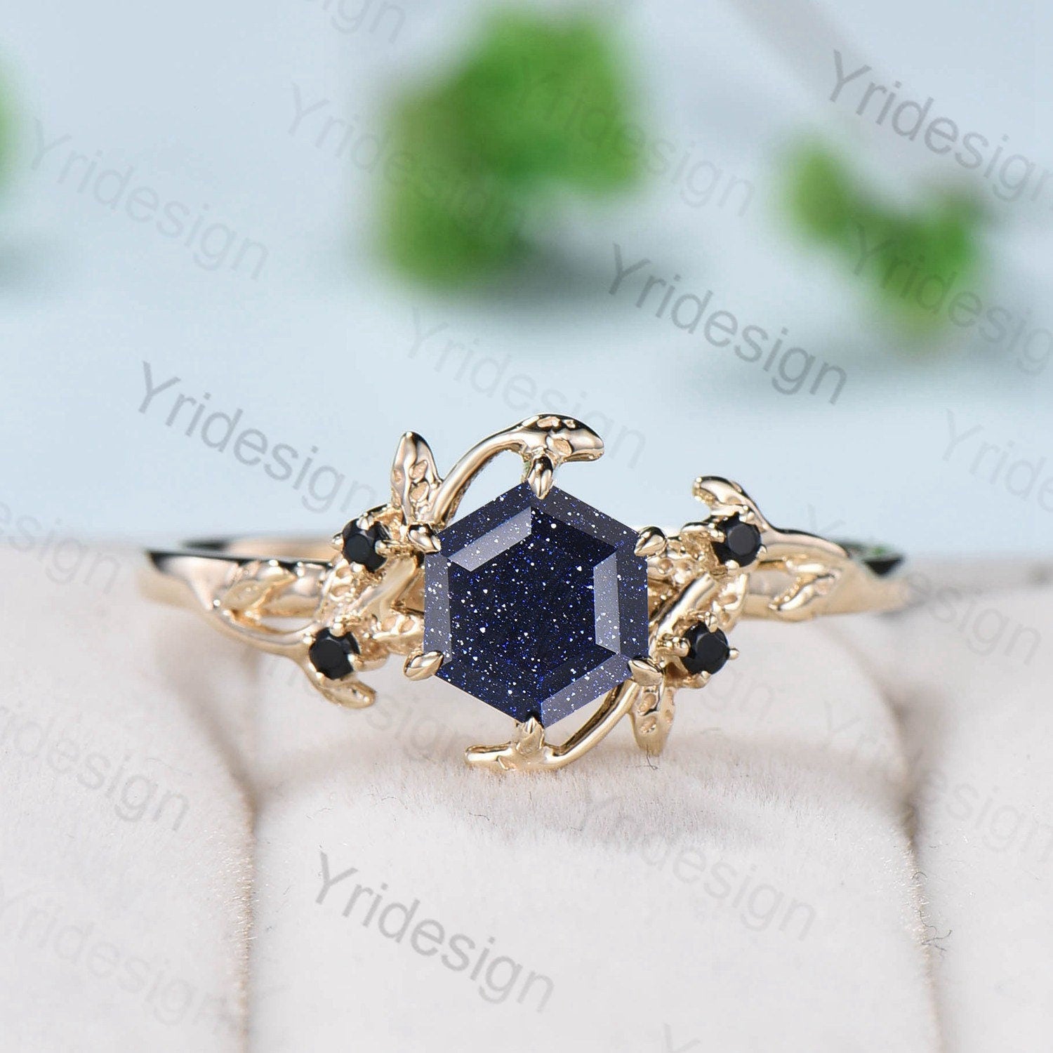 Elegant Hexagon cut blue sandstone wedding ring set Nature Inspired leaf galaxy engagement ring women black spinel crystal unique bridal set - PENFINE