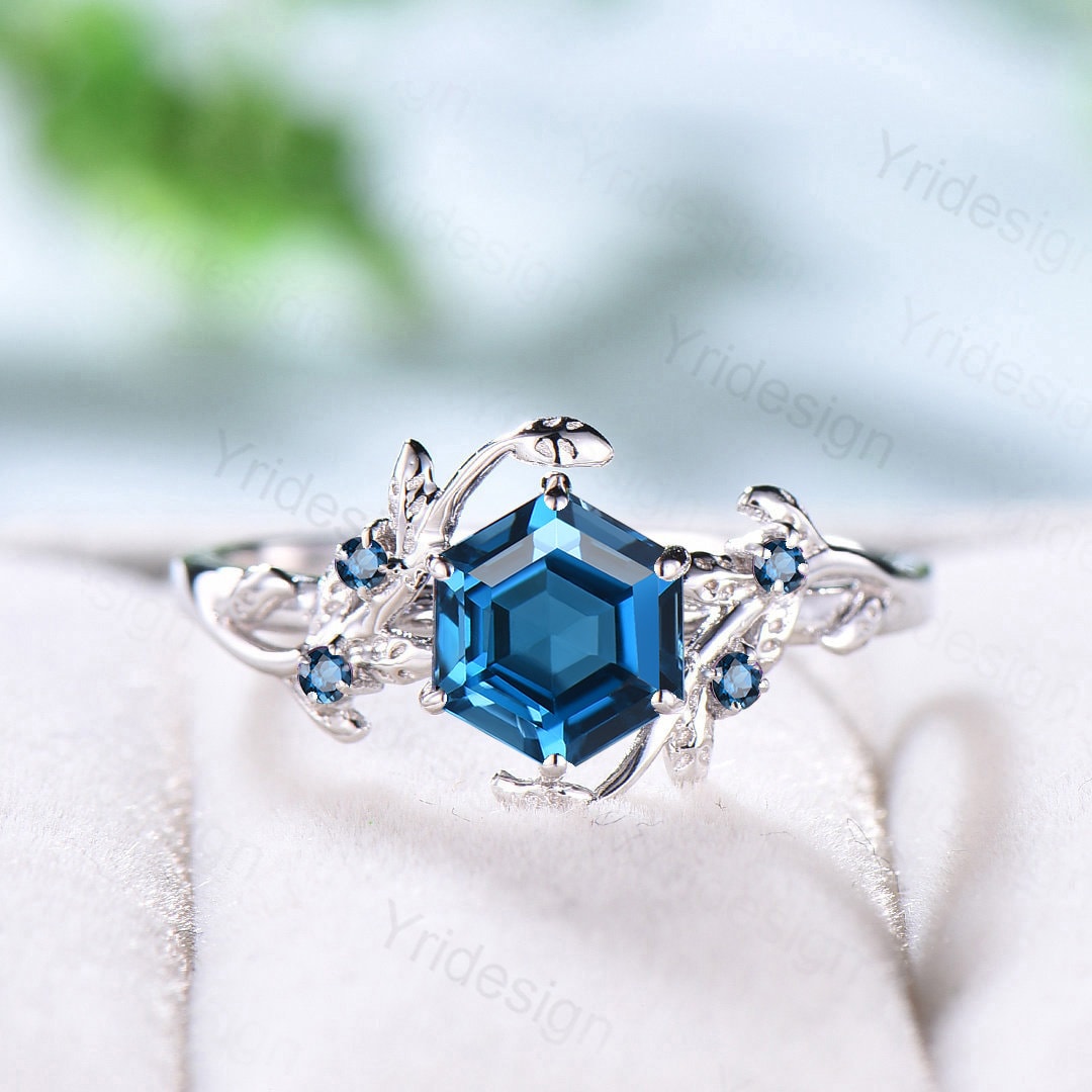 Elegant London Blue Topaz Ring Vintage Unique Twig Engagement Ring Leaf Cluster Blue Topaz Wedding Ring Women Natural inspired Branch Ring - PENFINE