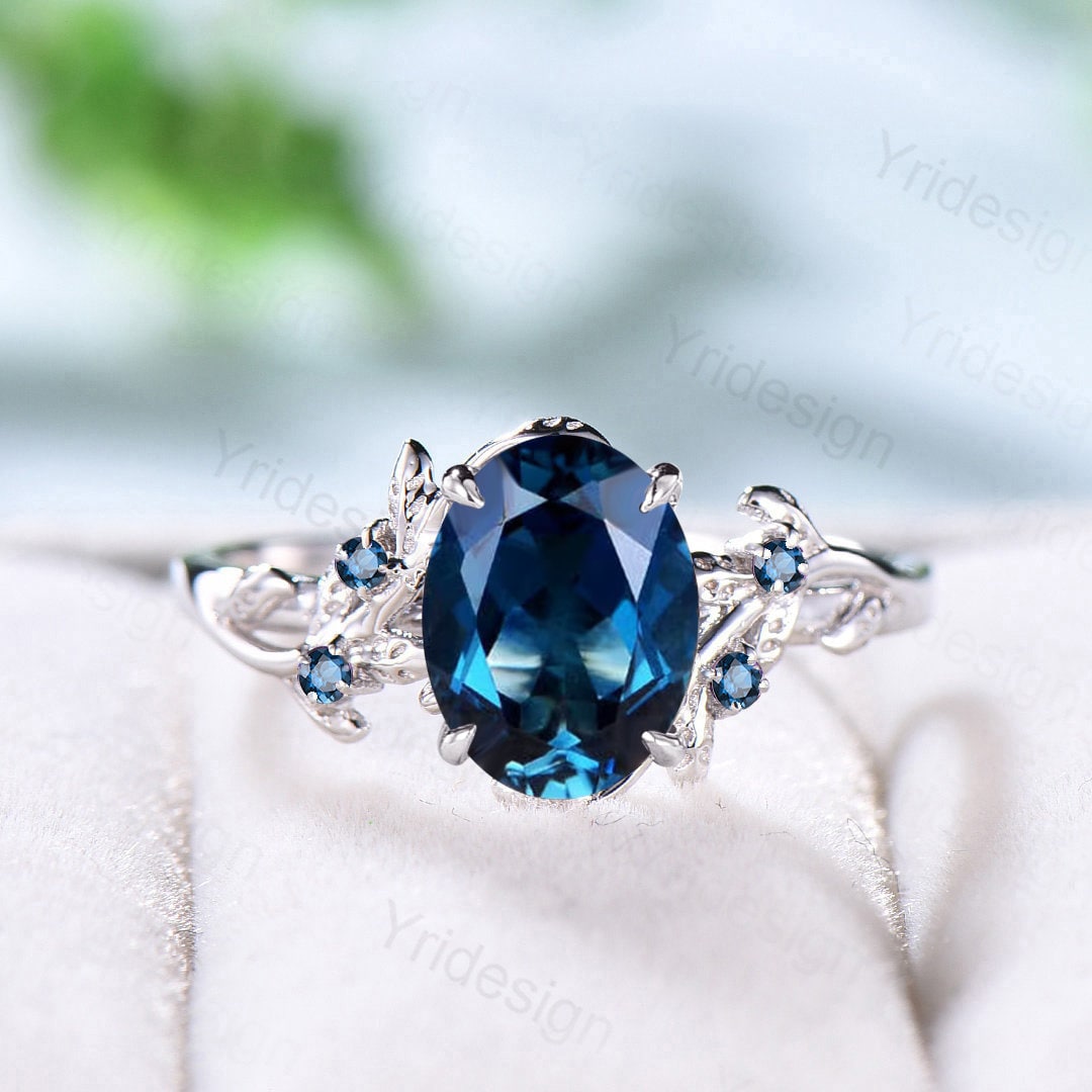 Elegant London Blue Topaz Ring Vintage Unique Twig Engagement Ring Leaf Cluster Blue Topaz Wedding Ring Women Natural inspired Branch Ring - PENFINE