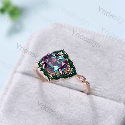 Vintage Alexandrite Engagement Ring Unique Enamel Green Stone Wedding Ring Women Color Changing Art Deco Antique Anniversary Gift For Her - PENFINE