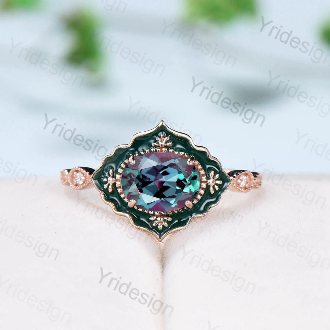 Vintage Alexandrite Engagement Ring Unique Enamel Green Stone Wedding Ring Women Color Changing Art Deco Antique Anniversary Gift For Her - PENFINE