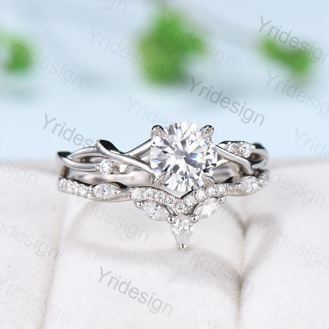 Leaf Twig Moissanite Engagement Ring Set Platinum Moissanite Ring Natural Inspired Branch Wedding Ring Set Women Unique Bridal Ring Set - PENFINE