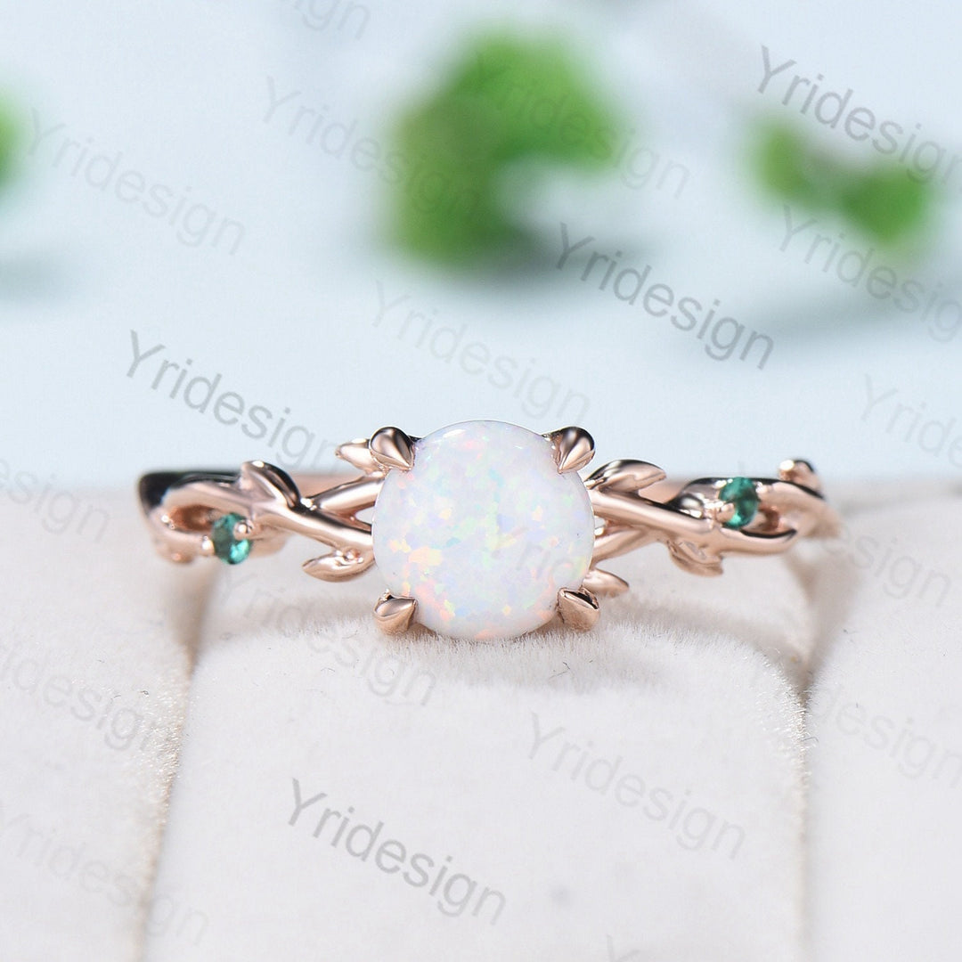 Twig Leaf Opal Engagement Ring Set Rose Gold Natural Inspired Branch Opal Emerald Wedding Ring Set Women Unique anniversary promise gift - PENFINE