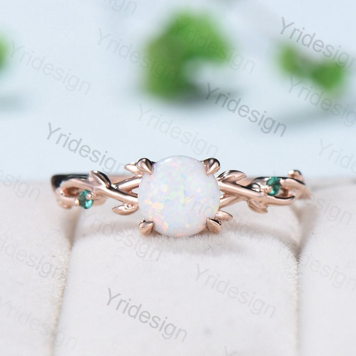 Twig Leaf Opal Engagement Ring Set Rose Gold Natural Inspired Branch Opal Emerald Wedding Ring Set Women Unique anniversary promise gift - PENFINE