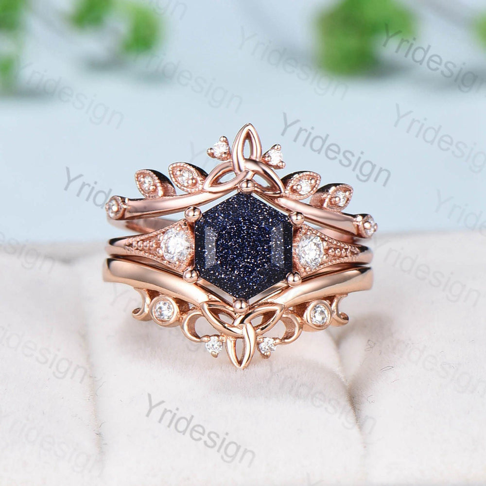 Vintage Retro Blue Sandstone Ring Set Silver Gold Engagement Ring Anniversary Gift For Her Rose Gold Hexagon Bridal Ring Set Proposal Gift - PENFINE