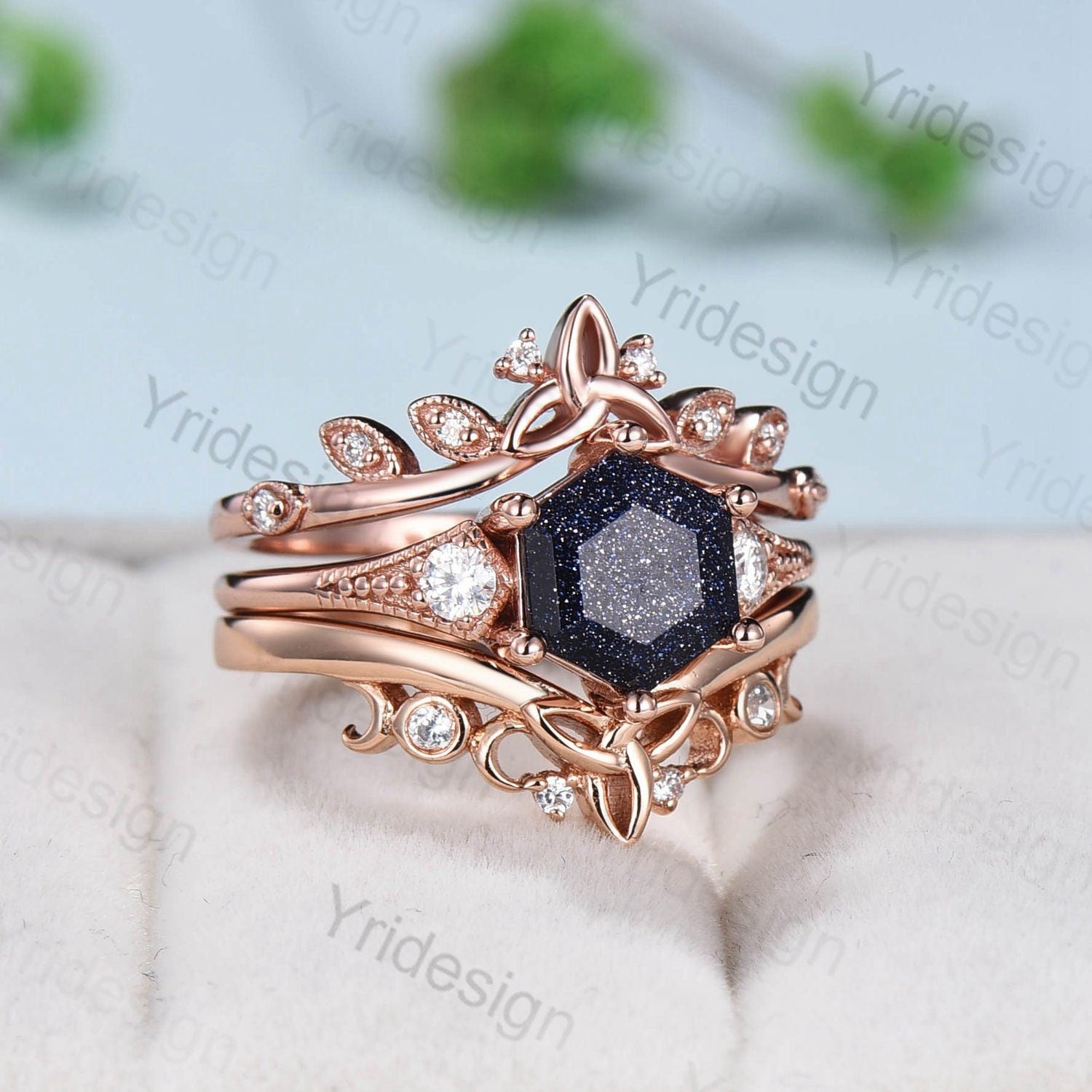 Vintage Retro Blue Sandstone Ring Set Silver Gold Engagement Ring Anniversary Gift For Her Rose Gold Hexagon Bridal Ring Set Proposal Gift - PENFINE
