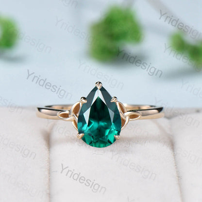 Vintage emerald engagement ring set pear shaped green crystal wedding ring set women Unique Norse Viking Celtic Love Knot bridal ring gift - PENFINE