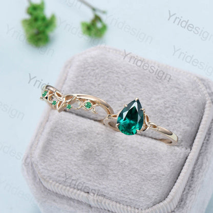 Vintage emerald engagement ring set pear shaped green crystal wedding ring set women Unique Norse Viking Celtic Love Knot bridal ring gift - PENFINE