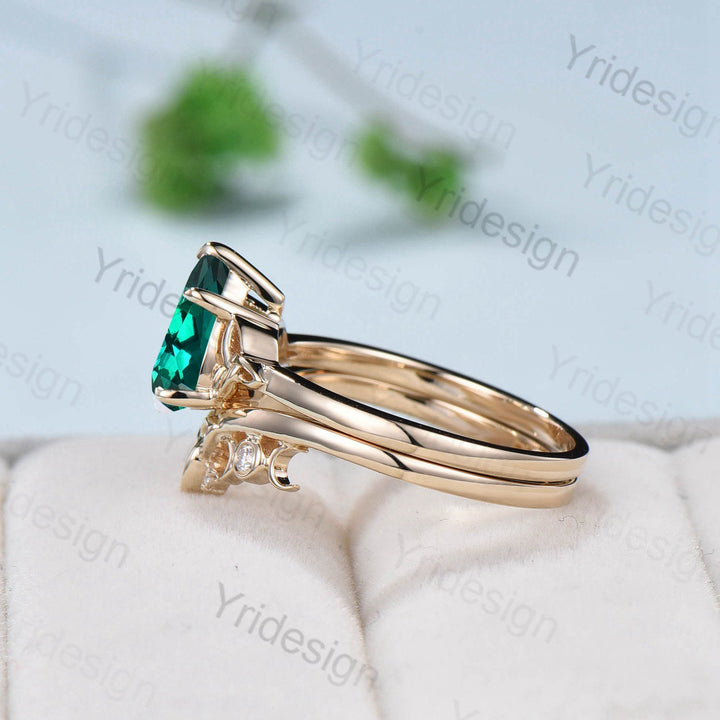 Vintage emerald engagement ring set pear shaped green crystal wedding ring set women Unique Norse Viking Celtic Love Knot bridal ring gift - PENFINE