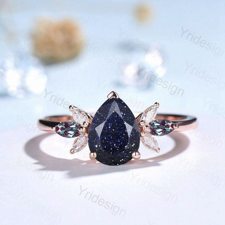 Unique Pear Blue Sandstone Cluster Engagement Rings Galaxy Starry Sky Ring Crystal Alexandrite Ring Unique Handmade Proposal Gifts for Women - PENFINE