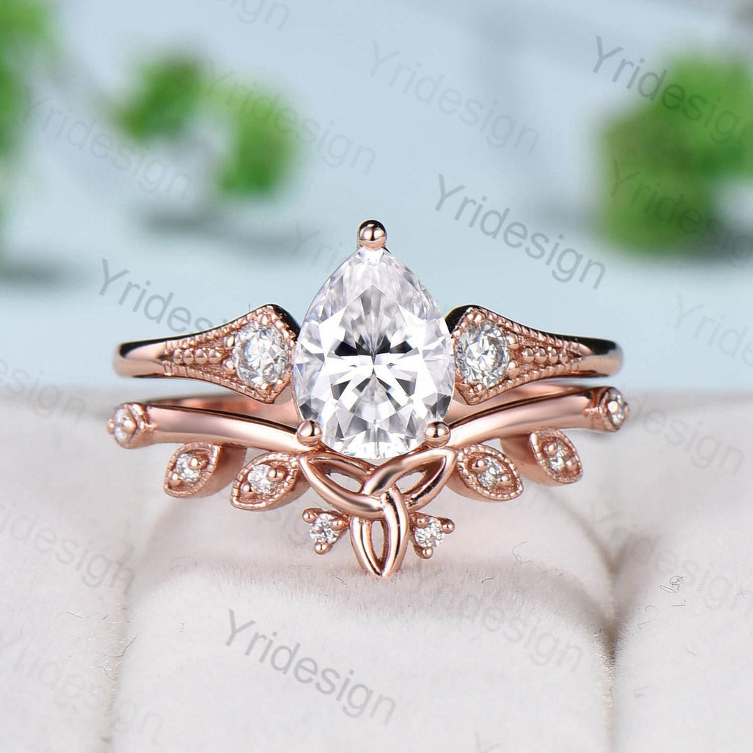 Retro teardrop moissanite wedding ring set vintage 3 stone engagement ring set art deco celtic love knot diamond stacking ring bridal set - PENFINE