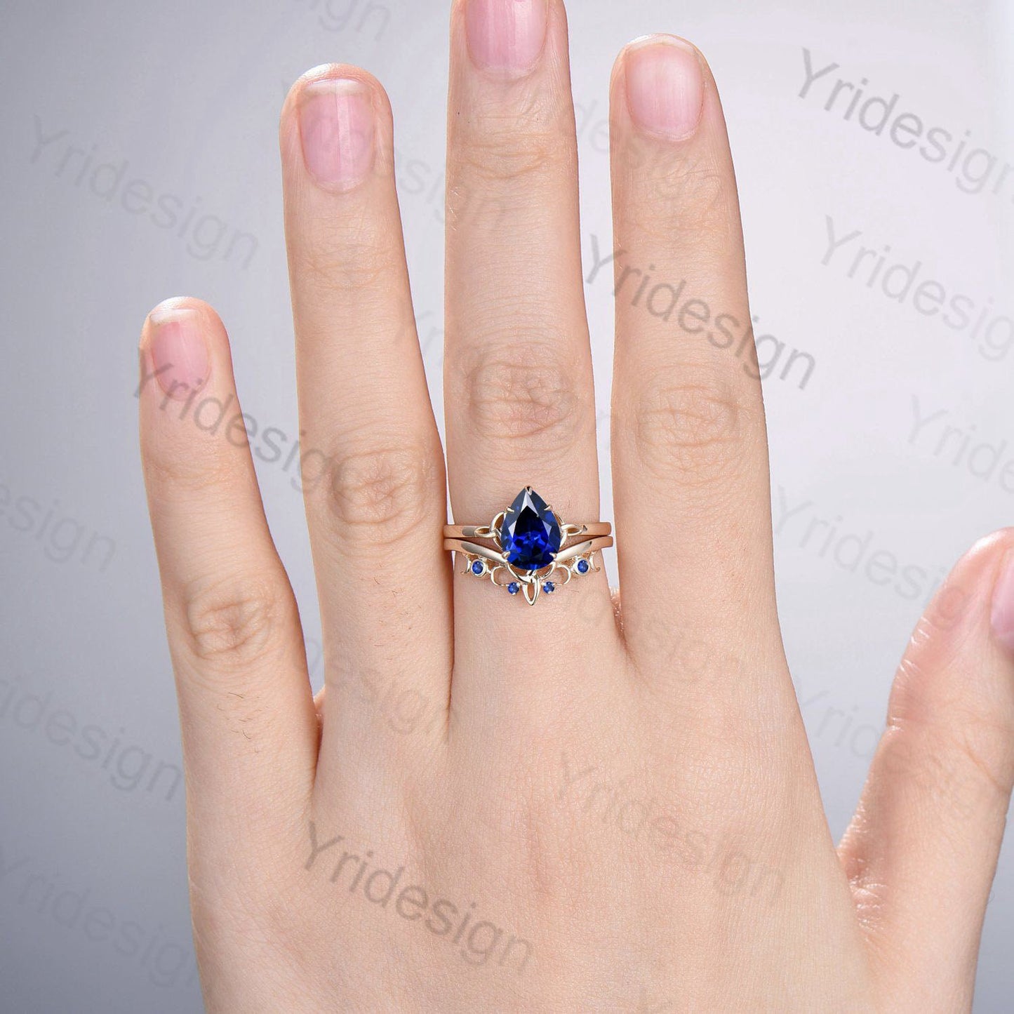 Norse Viking blue sapphire engagement ring set pear shaped blue gemstone wedding ring set women Unique Celtic Love Knot bridal ring gift - PENFINE
